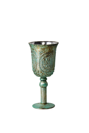 Serene Spaces Living Verdigris Glass Pedestal Vase, Vintage Goblet Vase, Measures 9” Tall and 4” Diameter