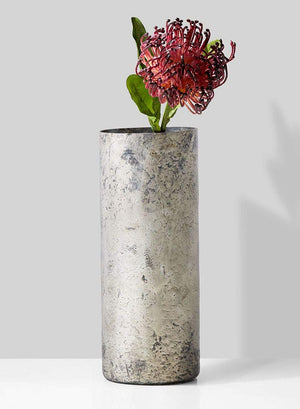 Serene Spaces Living Vintage Style Pewter Cylinder, Glass Vase for Floral Arrangements, Measures 9" Tall and 4" Diameter, Set of 2