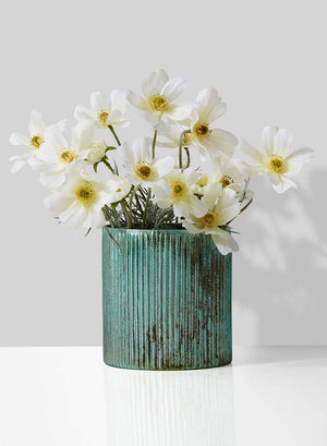 Serene Spaces Living Verdigris Ribbed Glass Container, Antique Style Vase for Wedding, Event Centerpiece, Measures 5” Tall and 4.75” Diameter, Set of 2