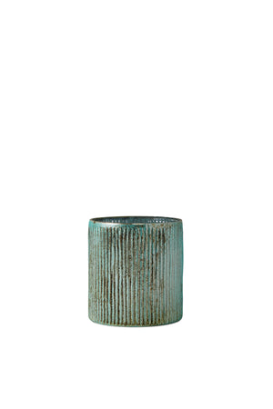 Serene Spaces Living Verdigris Ribbed Glass Container, Antique Style Vase for Wedding, Event Centerpiece, Measures 5” Tall and 4.75” Diameter, Set of 8