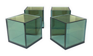 Serene Spaces Living Set of 4 Bluish Green Glass Cube Tea Light Holder, Reflective Mirror Effect, Measures 3" Cube