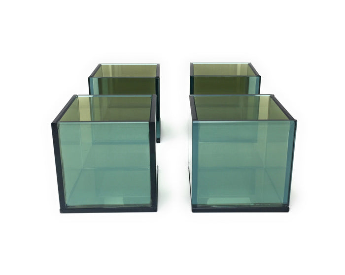 Serene Spaces Living Set of 4 Bluish Green Glass Cube Tea Light Holder, Reflective Mirror Effect, Measures 3" Cube