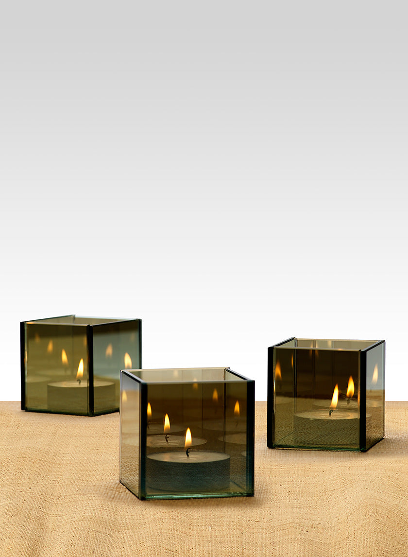 Serene Spaces Living Bluish Green Glass Cube Tea Light Holder, Reflective Mirror Effect, Measures 3" Cube