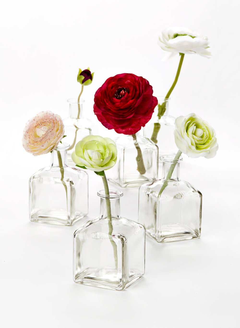 Serene Spaces Living Glass Bottle Bud Vases Set of 6, 36 or 48, Vintage Square Bottle Style - Elegant Vases, 4.5" Tall by 2" Square