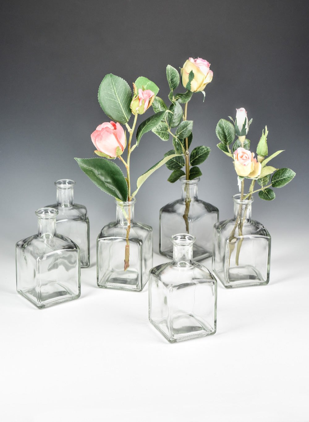 Serene Spaces Living Glass Bottle Bud Vases Set of 6, 36 or 48, Vintage Square Bottle Style - Elegant Vases, 4.5" Tall by 2" Square