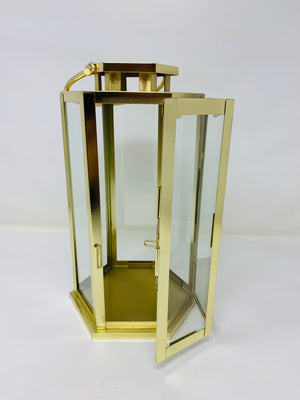 Serene Spaces Living Shiny Brass & Glass Hexagonal Lantern, 11" H & 6.75" Dia