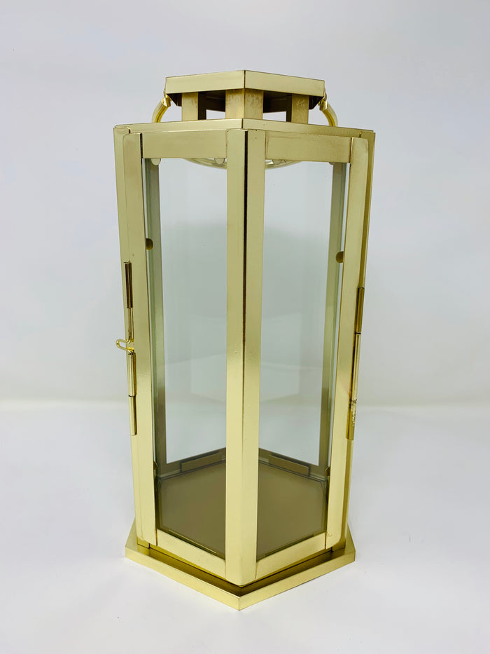 Serene Spaces Living Shiny Brass & Glass Hexagonal Lantern, 11" H & 6.75" Dia