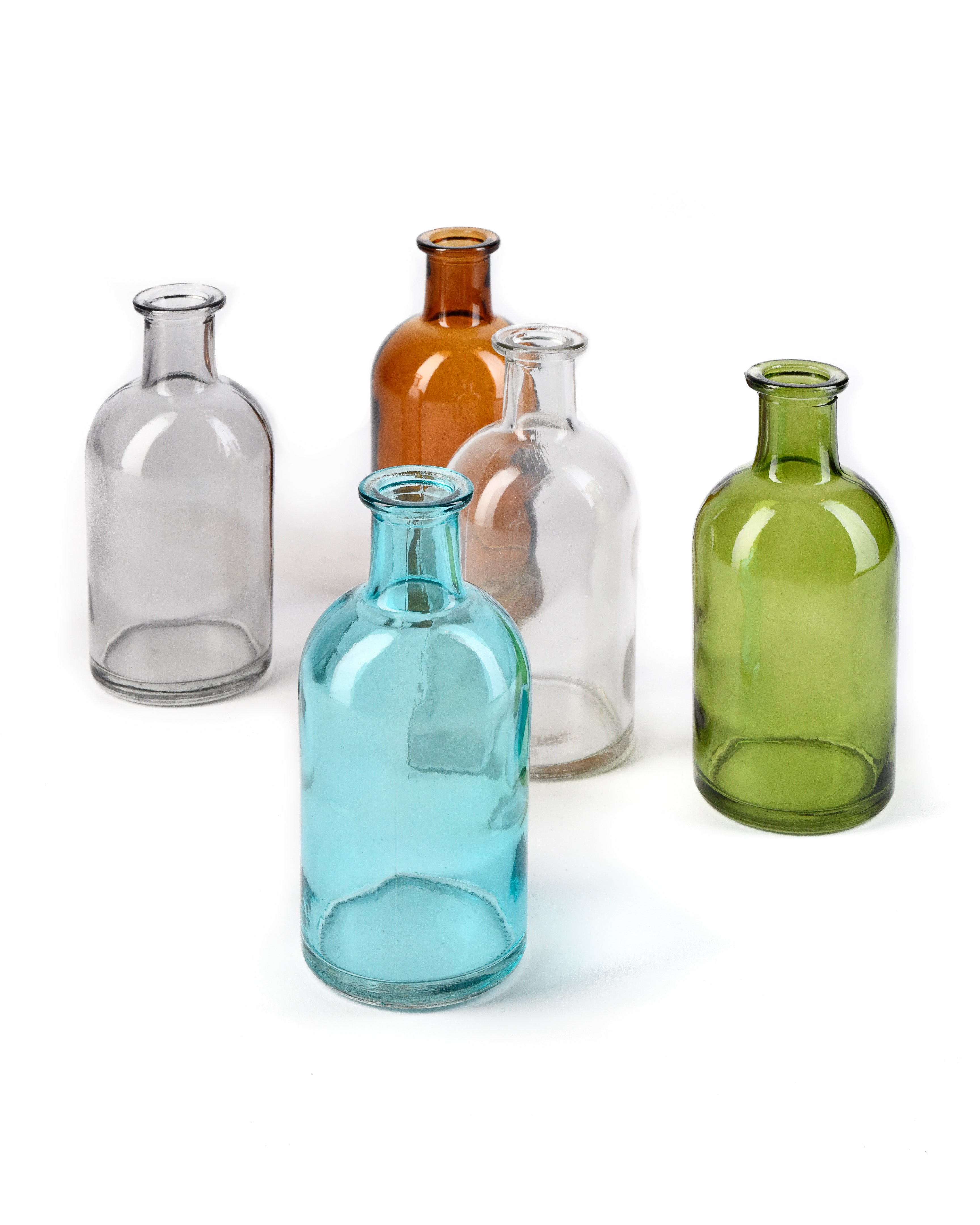 Green Medicine Bottle Bud Vases, Set of 6, 2.5" Diameter & 5.25" Tall