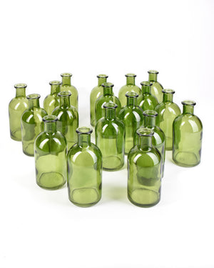 Serene Spaces Living Dark Green Medicine Bottle Bud Vases – Semi-Transparent Glass Vases, 2.5” Diameter, 5.25” Tall – Set of 48