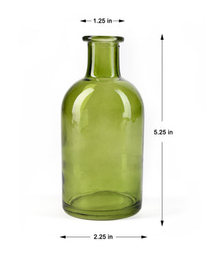 Green Medicine Bottle Bud Vases, Set of 6, 2.5" Diameter & 5.25" Tall