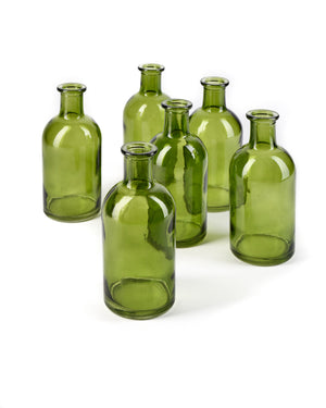 Green Medicine Bottle Bud Vases, Set of 6, 2.5" Diameter & 5.25" Tall