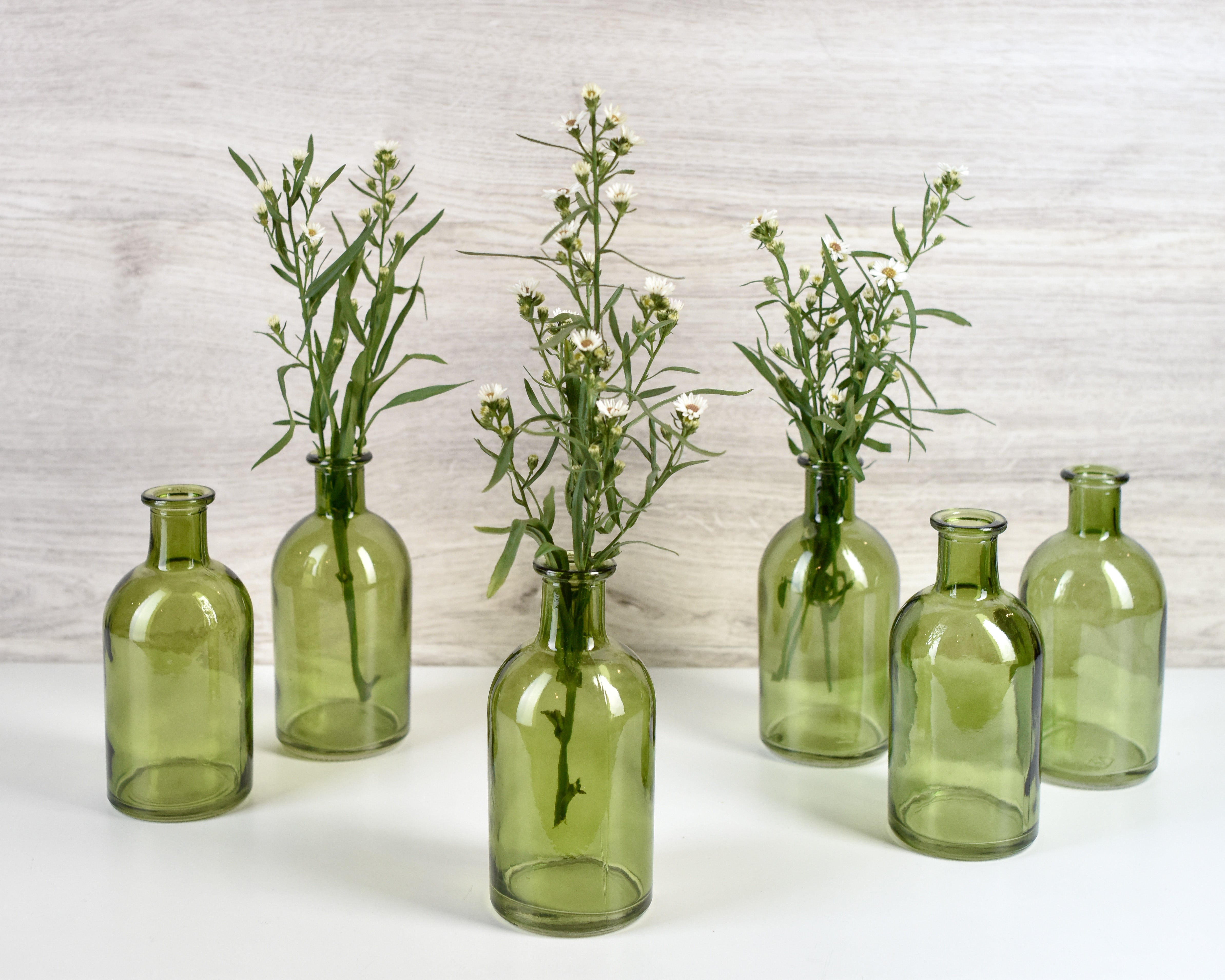 Serene Spaces Living Dark Green Medicine Bottle Bud Vases – Semi-Transparent Glass Vases, 2.5” Diameter, 5.25” Tall – Set of 48