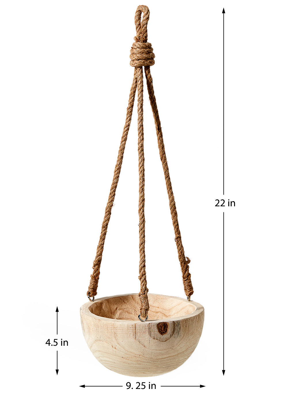 Paulownia Hanging Wood Bowl, 9.25" Diameter & 4.5" Tall