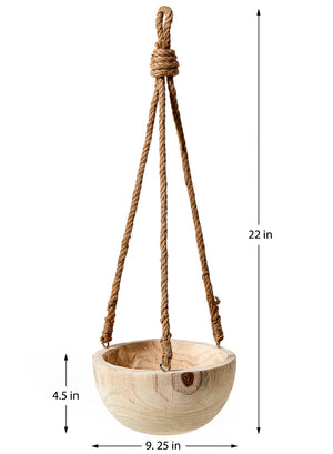 Paulownia Hanging Wood Bowl, 9.25" Diameter & 4.5" Tall