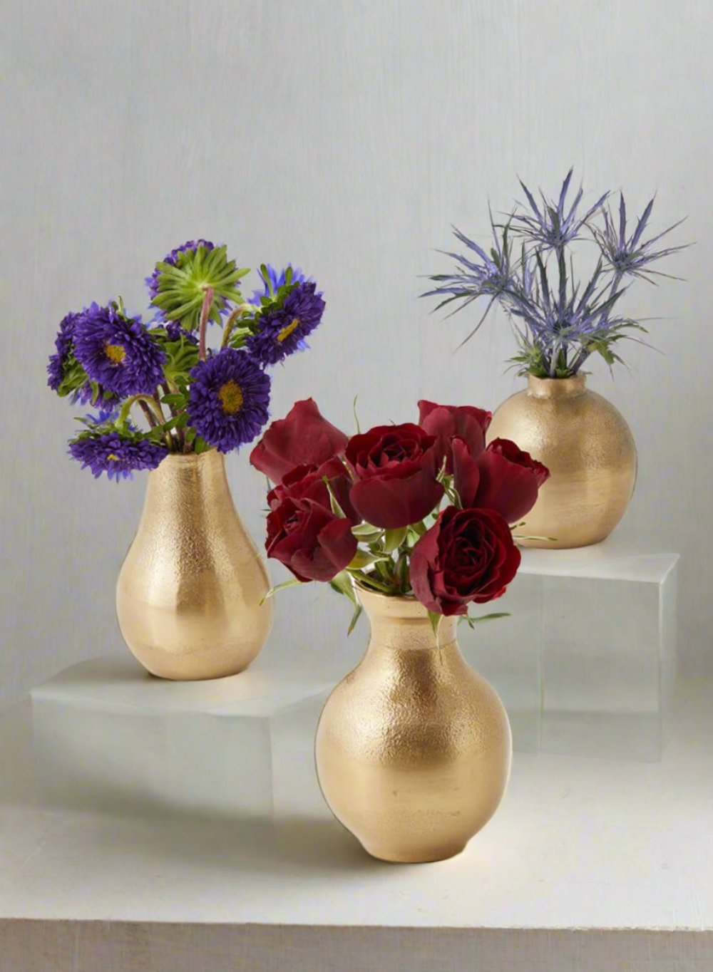 Stylish Gold Floral Bud Vase, Set of 4 and 24, In 3 Shapes