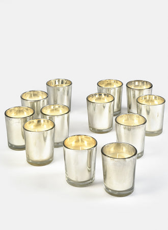Serene Spaces Living Prefilled Mercury Shotglass Votives, Ideal for Wedding, Bar, Restaurant, Set of 12 or 72 in Silver / Gold Color