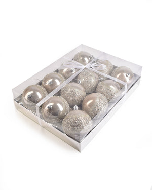 Serene Spaces Living Set of 12 Silver Beaded Plastic Ball, 3.25" Tall and 3" Dia