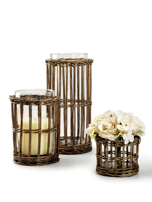 Glass Vase with Rattan Cage – Romantic, Rustic-Inspired Vase, Use for Home Décor, Event Centerpieces and More, 3 Size Options