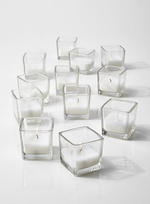 Serene Spaces Living 10-Hour White Unscented Cube Votive Candles in Set of 12– Classic Clear Glass Design in 2” Cubes